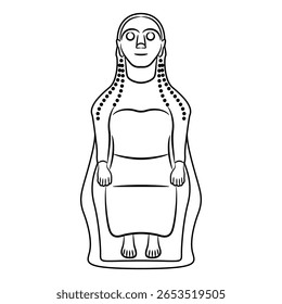 Seated archaic Ancient Greek goddess. Ethnic female figurine. Black and white linear silhouette.
