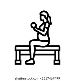 Vector de icono de línea de fitness embarazada con mancuernas de rizos de brazo sentado. signo de fitness embarazada con mancuernas de rizos de brazo sentado. Ilustración negra de contorno aislado