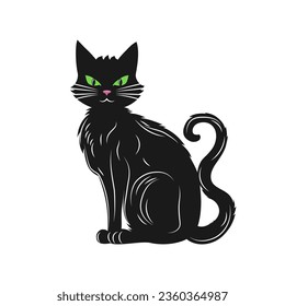 Seated black cat with green eyes. Cute pet. Isolated black cat symbol of Halloween. Vector illustration.