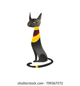 Seated black cat statue, Bastet - ancient Egypt goddess, flat cartoon vector illustration isolated on white background. Egypt goddess Bastet, black cat in golden necklace, Egyptian symbol