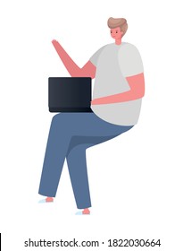 seated blond man with laptop working design of Work from home theme Vector illustration