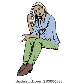 Seated blonde girl. Hand drawn colorful rough sketch. Female portrait. Isolated vector illustration.