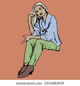 Seated blonde girl. Hand drawn colorful rough sketch. Female portrait. Isolated vector illustration.
