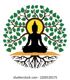 Seated Buddha meditating with a tree on a white background