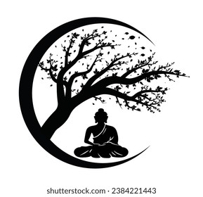 Buda sentado meditando con un árbol sobre un fondo blanco
