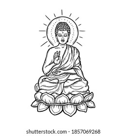 Seated Buddha over a round mandala. Esoteric linear vector illustration. Engraving. Indian, Buddhism, Spiritual Art. Thai god, yoga zen