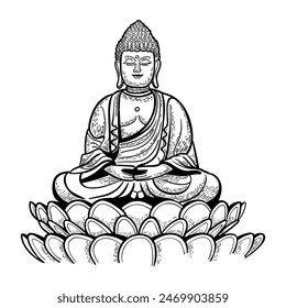 Sentado Buda sobre una mandala redonda. Ilustración vectorial lineal esotérica. Grabado. India, Budismo, Arte espiritual. Dios tailandés, yoga zen