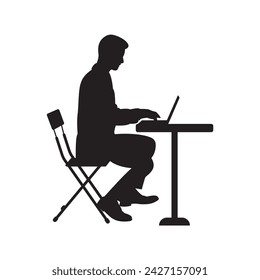 seated business man working with laptop. black isolated white background