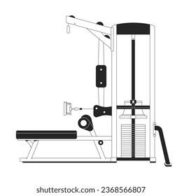 Seated cable row machine flat monochrome isolated vector object. Gym equipment. Close grip. Pull weighted cable. Editable black and white line art drawing. Simple outline spot illustration for design