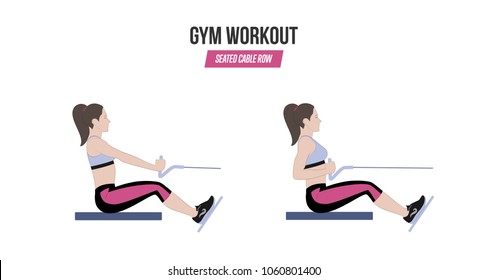 Seated cable row. Sport exercises. Exercises in a gym. Workout. Illustration of an active lifestyle. Vector