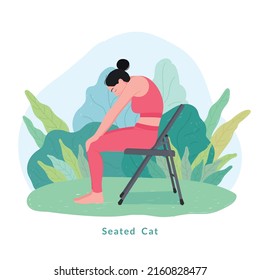 Seated Cat Exercise.woman Doing Fitness And Yoga Exercises With Chair.