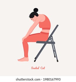 Seated Cat Yoga pose. Young woman practicing yoga  exercise. Woman workout fitness, aerobic and exercises. Vector Illustration.