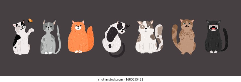 Gatos sentados. Mascotas de perro con diferentes emociones. Ilustración portadora de gatos curada, enojada, agresiva y divertida