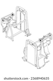 Seated chest press machine. Fitness, cardio, and muscle building machines, equipments set at gym. Workout and training concept. Vector illustration.
