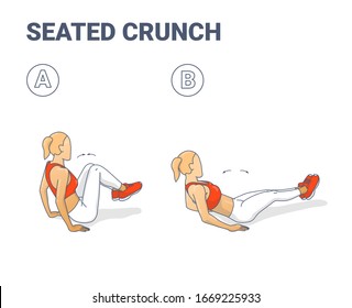 Seated Crunch or Boat Exercise illustration. Colorful Concept of Girl Working at Her Abdominals - a Young Woman in Sportswear Llush Lava Top and Sneakers, and White Leggings Does the Fitness Crunches.