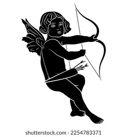 Seated Cupid or Amur with bow and arrows. Antique god of love as Putto child. Romantic symbol. Black and white negative silhouette. Vintage style.