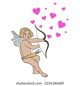 Cupid oder Amur mit Bogen, Pfeilen und Herzsymbolen sitzend. Antiker Gott der Liebe als Putto-Kind. Romantisches Valentinstag-Design. Vintage-Stil.