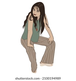 Seated or dancing pretty young Caucasian girl with long loose dark hair. Cartoon style.