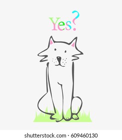 Seated dog with a question in gray, pink, blue, and green colors on a white background.