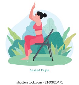 Seated Eagle exercise.woman doing fitness and yoga exercises with chair.