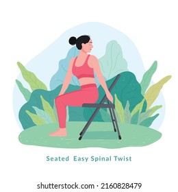 Seated Easy Spinal Twist Exercise.woman Doing Fitness And Yoga Exercises With Chair.