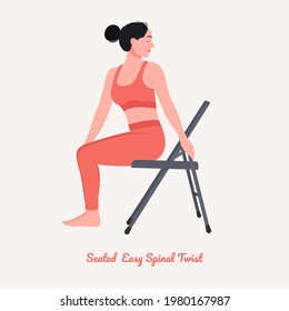 Seated Easy Spinal Twist Yoga pose. Young woman practicing yoga  exercise. Woman workout fitness, aerobic and exercises. Vector Illustration.