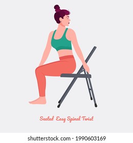 Seated Easy Spinal Twist Yoga pose. Young woman practicing yoga  exercise. Woman workout fitness, aerobic and exercises. Vector Illustration.