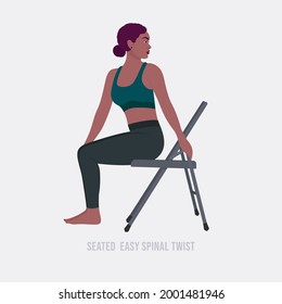 Seated Easy Spinal Twist Yoga pose. Young woman practicing yoga  exercise. Woman workout fitness, aerobic and exercises. Vector Illustration.