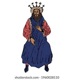 Seated enthroned king. Sitting medieval man in royal crown. Hand drawn colorful rough sketch.