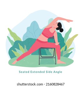 Seated Extended Side Angle Exercise.woman Doing Fitness And Yoga Exercises With Chair.