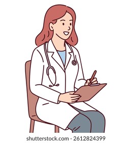 Seated female doctor with clipboard writing notes. Confident and professional medical worker representing healthcare system, documentation, and patient service