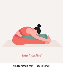 Vorwärts sitzende Kurve mit Bolster Yoga Pose. Junge Frau, die Yogaübungen macht. Frauen trainieren Fitness, Aerobic und Übungen. Vektorgrafik.