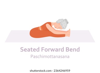 Seated Forward Bend Yoga pose. Paschimottanasana. Elderly woman practicing yoga asana. Healthy lifestyle. Flat cartoon character. Vector illustration