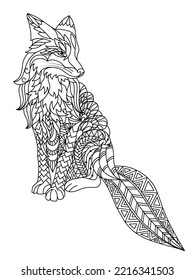 Seated fox in zentangle style. Vector hand-drawn sketch of a fox with an ornament. Adult antistress coloring book. Doodle. Line art. Decorative element for t-shirt, emblem, tattoo, logo.Coloring book.