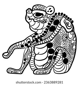 Seated funny frog or toad. Native American animal design of Maya Indians. Black and white silhouette.