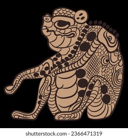 Seated funny frog or toad. Native American animal design of Maya Indians. On black background.