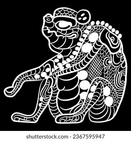 Seated funny frog or toad. Native American animal design of Maya Indians. Black and white silhouette.