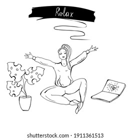 Seated girl doing stretching. Vector illustration.