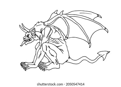 seated horned gargoyle with bat wings, fantastic monster, mythological character, vector illustration with black ink lines isolated on a white background in a cartoon and hand drawn style