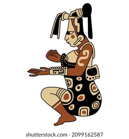 Seated indigenous Mayan man or woman. Native American art of Maya Indians. Mexico or Guatemala. Isolated vector illustration.