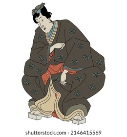 Seated Japanese man or samurai in kimono. Traditional retro style. Isolated vector illustration.