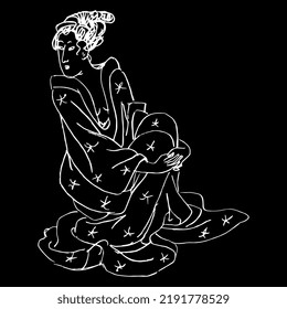 Seated Japanese woman wearing kimono. Traditional oriental style. Hand drawn linear doodle rough sketch.White silhouette on black background.