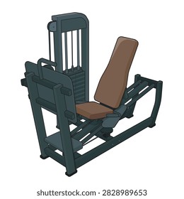 Seated leg press machine with padded seat and backrest, foot plate, weight stack, cable system and metal frame for lower body strength training