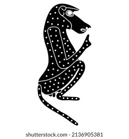 Seated male hamadryas baboon monkey or ape. Ancient Egyptian animal design. Embodiment of god Thoth. Black and white negative silhouette.