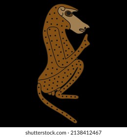 Seated male hamadryas baboon monkey or ape. Ancient Egyptian animal design. Embodiment of god Thoth. Brown silhouette on black background.