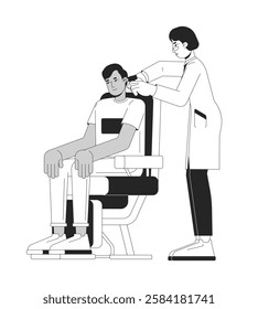 Seated male patient undergoing ear examination by doctor black and white 2D line characters. Routine medical checkup. Diverse adults isolated vector outline people. Monochromatic spot illustration