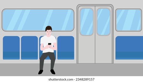 seated man looks at his cell phone while traveling by subway