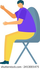 Seated man in purple shirt presenting or teaching. Male character gesturing while talking, simple background. Presentation and communication vector illustration.