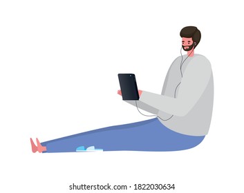 seated man with tablet and headphone working design of Work from home theme Vector illustration
