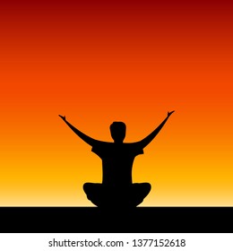 seated man with their hands up. Prayer or greeting dawn. Gesture of openness. Vector illustration